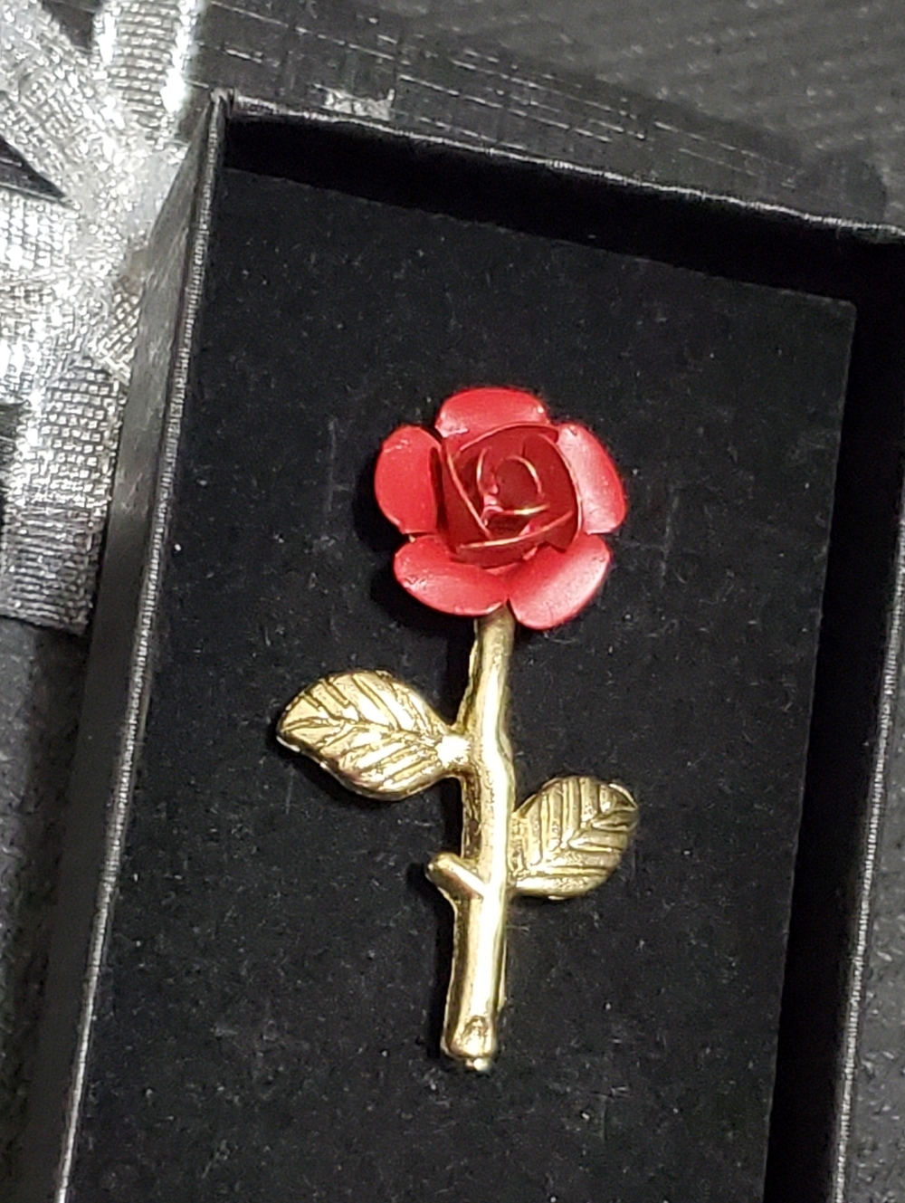 Vtg. Gold Stem Red Rose Brooch